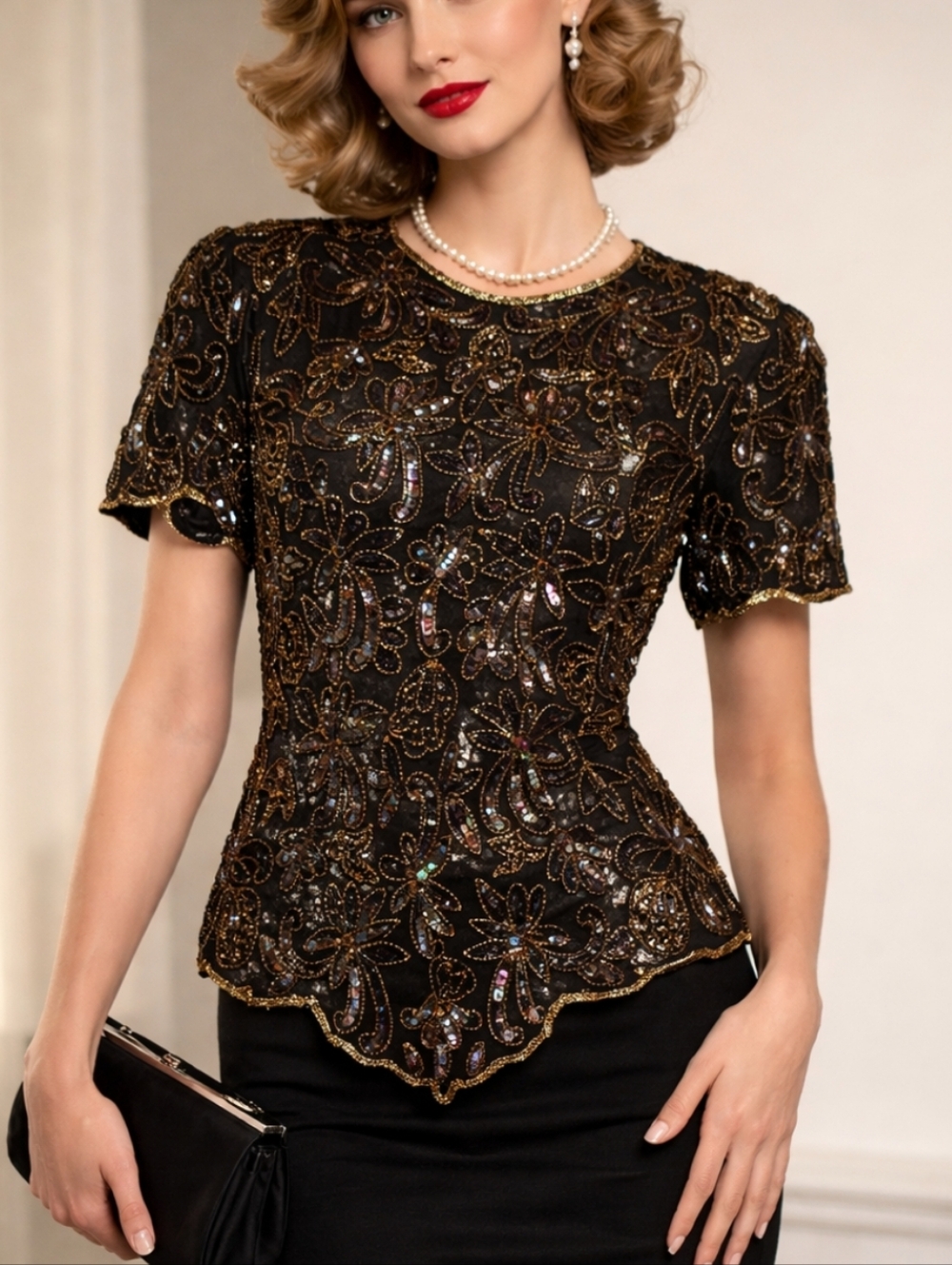 Vintage Papell Boutique Evening Blouse Sequin Silk Beaded Top Cote d' Azur